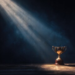 A gold trophy sits on a dark wooden surface, illuminated by a dramatic spotlight, creating a sense of achievement and victory