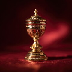 Ornate gold chalice on a rich red background, detailed carvings, elegant design, subtly lit
