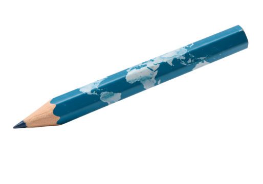 Inspiring blue pencil creatively adorned with a detailed world map, symbolizing global ideas and education
