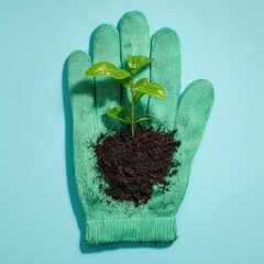 A teal gardening glove cradles a small seedling sprouting from dark soil against a light blue background