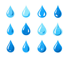 
Vector icons of water drops, in the design of blue color on a white background, simple shapes, vector graphics, minimalism, simple shapes, white background.