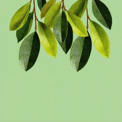 Lush green foliage, vibrant leaves of varying shades, hanging against a pastel green backdrop
