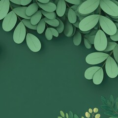 Paper-like green leaves frame a dark green background, creating a botanical, minimalist design
