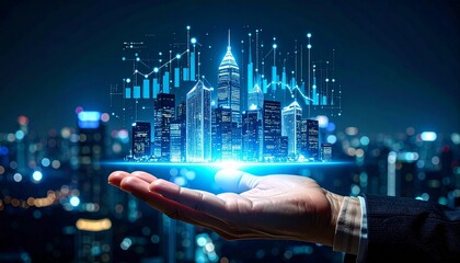 City data hologram on hand. Buildings visible in background. Concept smart planning, investment