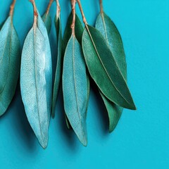 Teal foliage sprig against vibrant blue backdrop; elongated leaves, subtle lighting, close-up view