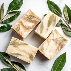 Four artisan soap bars, creamy beige with embedded dried leaves, arranged on a marble surface, surrounded by fresh green leaves