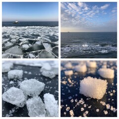 Four-image collage showcasing various states of sea ice from large floes on open water to small, fragmented pieces close-up