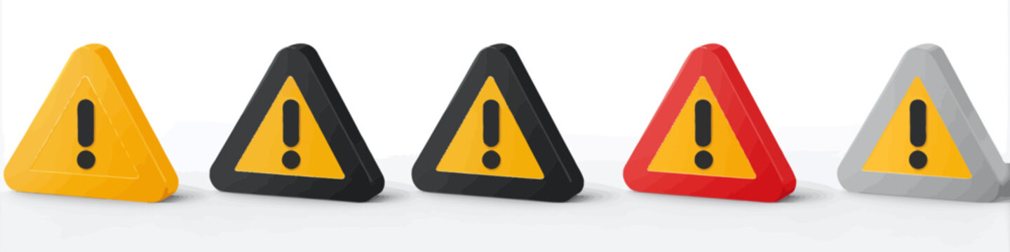 
Set of simple vector triangle warning signs with an exclamation mark on a white background, in yellow, black, red, and grey colors, with a flat design.