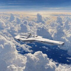A colossal, white spaceship soars above a sea of fluffy clouds under a vibrant blue sky, reflecting the light