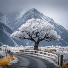 Solitary frost-covered tree beside a curving road, set against a snow-dusted mountain range under a muted sky