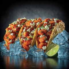 Three shrimp tacos, nestled in ice, topped with crumbled cheese, a vibrant red sauce, and fresh herbs; a lime wedge rests nearby, against a dark background