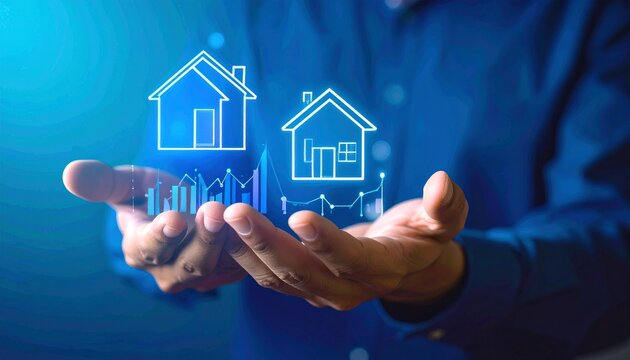 Hands presenting homes with digital charts. Property sale or investment promo use. Abstract blue