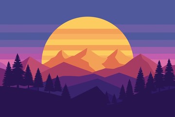 Obraz premium Colorful Sunset Mountain Landscape with Trees