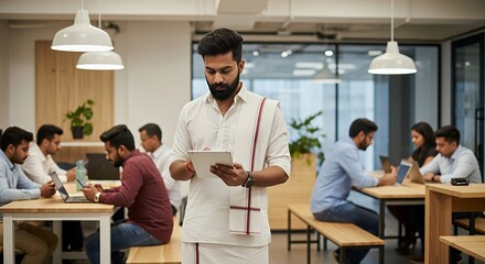 A young man in traditional South Asian clothing uses a tablet computer in a modern, open-plan setting, surrounded by colleagues working on laptops.