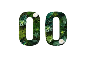 Number Zero Filled with Green Plants and White Flowers on Transparent Background