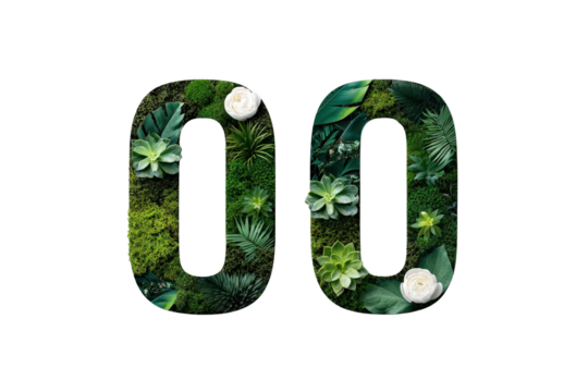 Number Zero Filled with Green Plants and White Flowers on Transparent Background