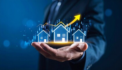 Hand holds home sales rising as business person offers property growth in tech stock market background