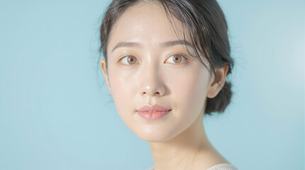 水色背景にナチュラルメイクのアジア人の中年女性