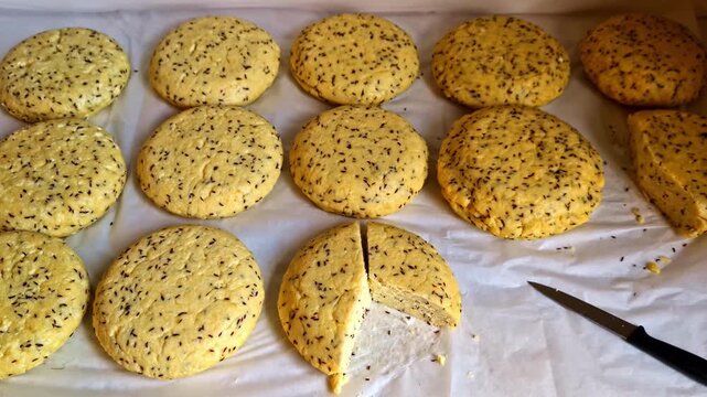 Freshly prepared solstice cheese with cumin seeds, one round sliced open on parchment paper.