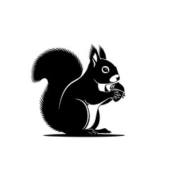 A black squirrel stands on its hind legs, holding an acorn in its paws.