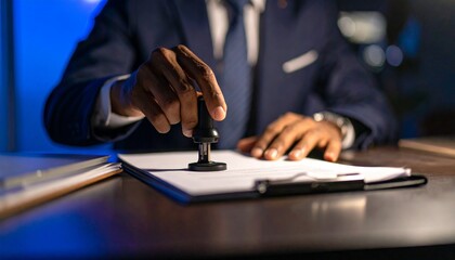Man Stamping Document Approval in Office. Blue light reflects, adding drama. Use Legal, Business