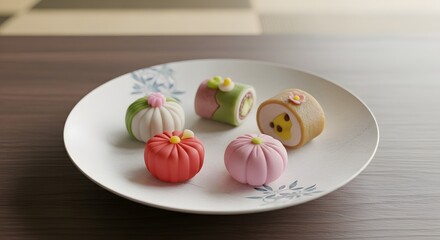 Japanese wagashi sweets with colorful mochi in elegant plating	
