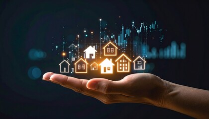 Hand presents houses, growth in background. Real estate, finance, investment concept