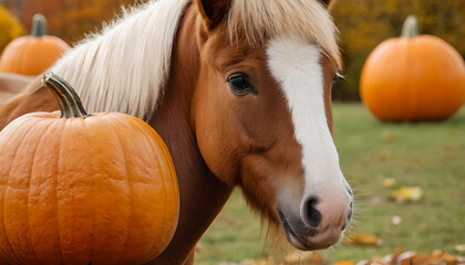 pony with pumpkins during the autumn