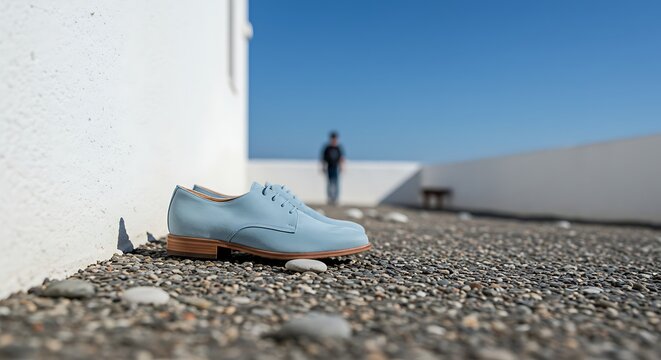 Blue Leather Shoes on Pebble Surface with Person in Background