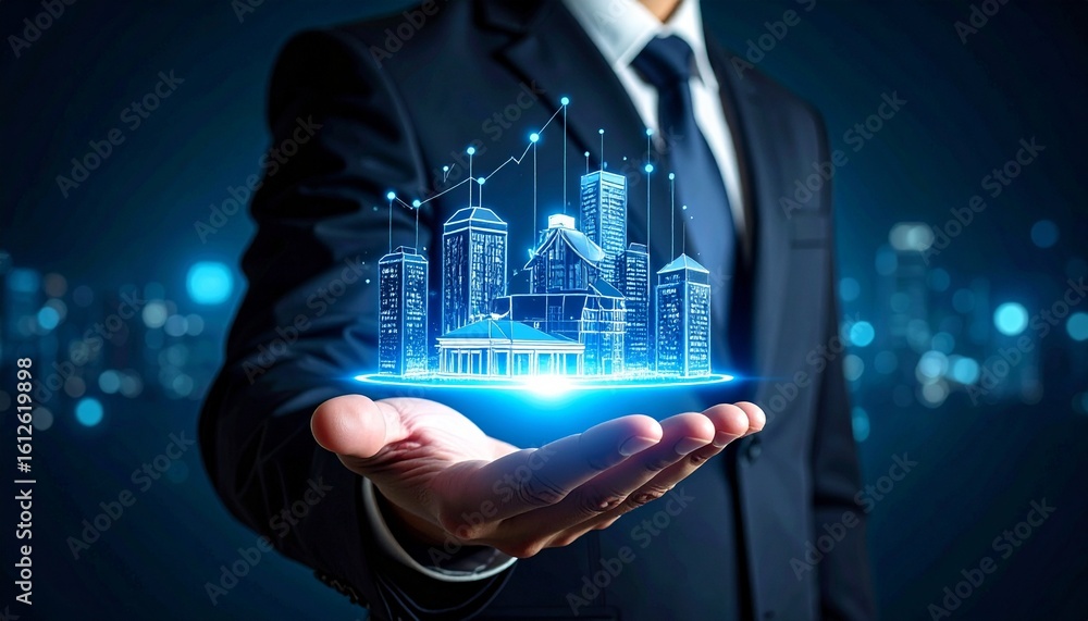 Poster architect holding futuristic city model; development concept with bokeh lights in the background