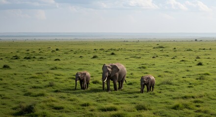 Obraz premium Asian Elephant Family in Grassy Clearing, Photorealistic Wide-Angle Wildlife Photograph, Adult with Juvenile Elephants and Baby Calf, Lush Green Grass and Reddish-Brown Dust, Dense Tropical Forest wit