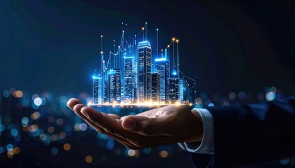 Man presents glowing city model over blurred cityscape for business, technology future uses
