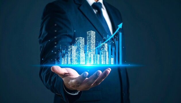 Hand holding growing chart, urban scene. Finance business growth concept background - Powered by Adobe