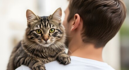 A man gently holds a long-haired tabby cat on his shoulder, outdoors.