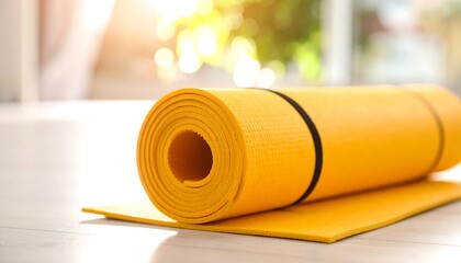 Rolled yellow exercise mat on floor