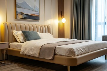 Modern minimalist leather double bed with metal frame and gold legs, fabric headboard with simple lines, soft lighting and warm tones in cozy bedroom interior