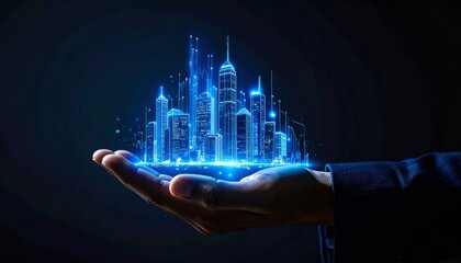 Hand holds holographic city with futuristic tech lines. Concept planning, development, innovation