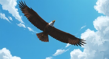 Fototapeta premium Majestic Eagle Soaring in Anime Style, Digital Painting with Worm’s Eye View, Dynamic Wide Wings in Flight, Dark Silhouette with Brown and Orange Highlights, Vibrant Blue Sky with Wispy Clouds and Cel