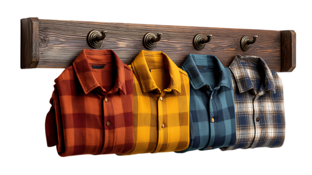 Four plaid flannel shirts hanging on a rustic wooden rack isolated on transparent background
