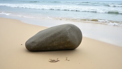 Obraz premium Gray stone rests on beige sand near the ocean.