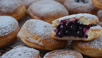 closeup of blueberry beignets topped with powdered sugar