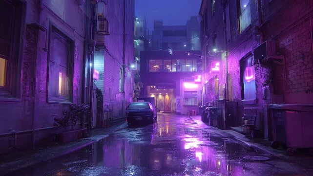 Purple and pink neon lights illuminate a rain slicked city alley at night. Reflective puddles on the ground mirror the vibrant glow.  Cars are parked along the sides of the buildings.