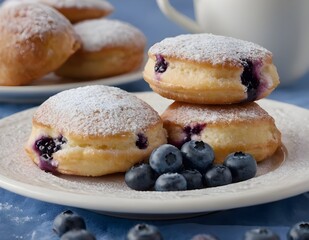 plate of blueberry beignets topped with powdered sugar