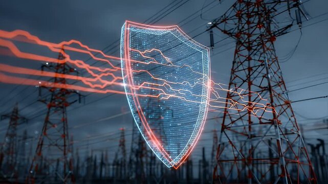 
A digital shield with electricity grid elements, symbolizing energy security and protection against cyber attacks,