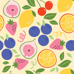 Seamless Fruit Pattern Colorful Summer Backgrounds. Great for wrapping paper, textile prints, web backgrounds, and creative branding.