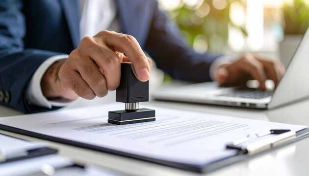 Document stamped, office desk, busy employee typing. Approval, corporate, or business concept