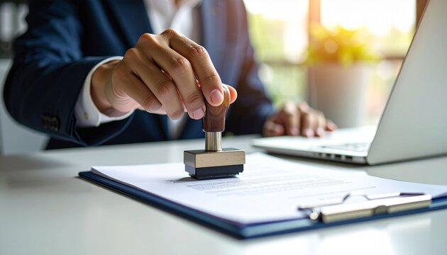 Businessman stamps document at desk with laptop in modern office for approval or authorization