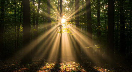 Fototapeta premium Sunbeams Illuminating a Mystical Forest Path