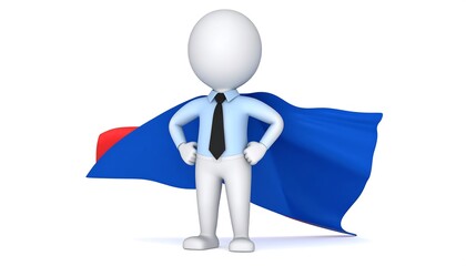 A 3D figure in business attire wears a cape, hands on hips, superhero pose