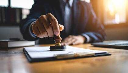 Man stamping document on desk in office with laptop & soft light, for legal, business use